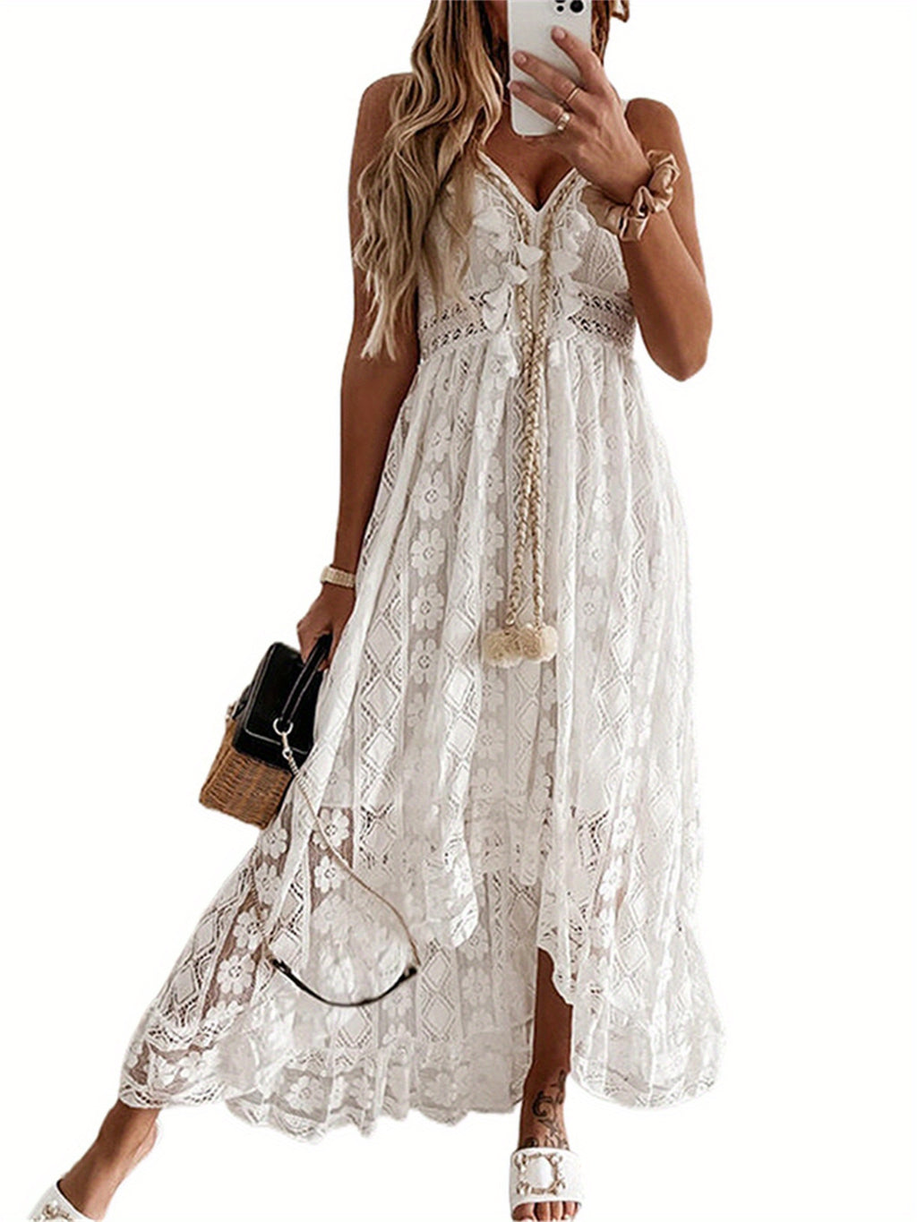 Women's Vintage Lace Hem Dress - Deep V-Neck Sleeveless Beachwear, Lightweight Summer Skirt with Intricate Lace Detailing, Machine Washable, Beige\u002FWhite, Elegant Daywear, Soft Flowy Fabric