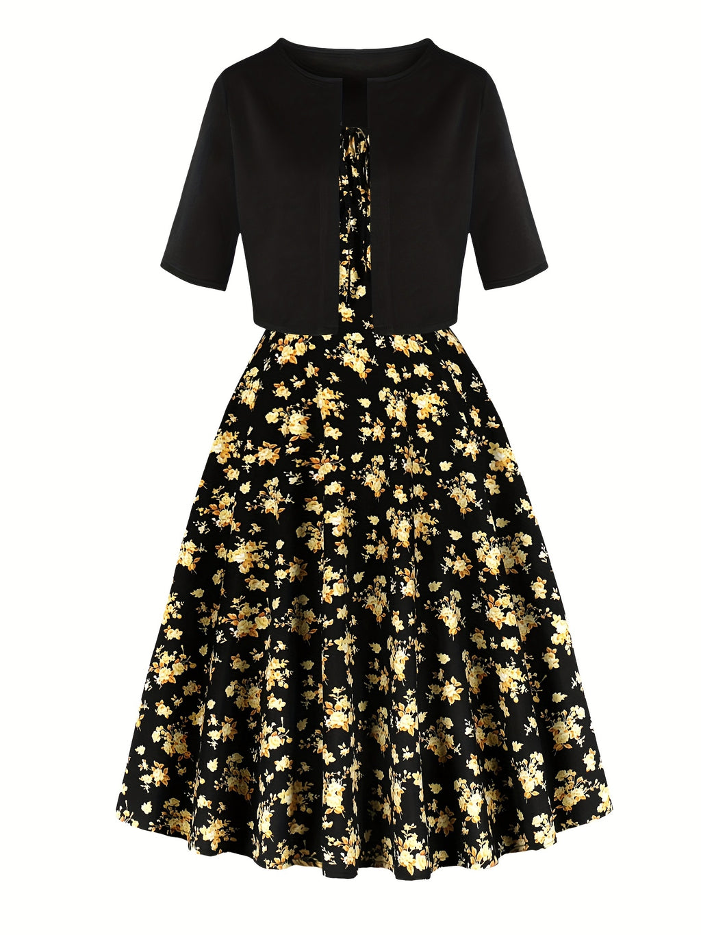 1pc Elegant Floral Print Two-Piece Dress Set, Polyester 100%, Crew Neck, Short Sleeve Top with Bow Detail, Woven Skirt, Spring\u002FSummer Party Outfit