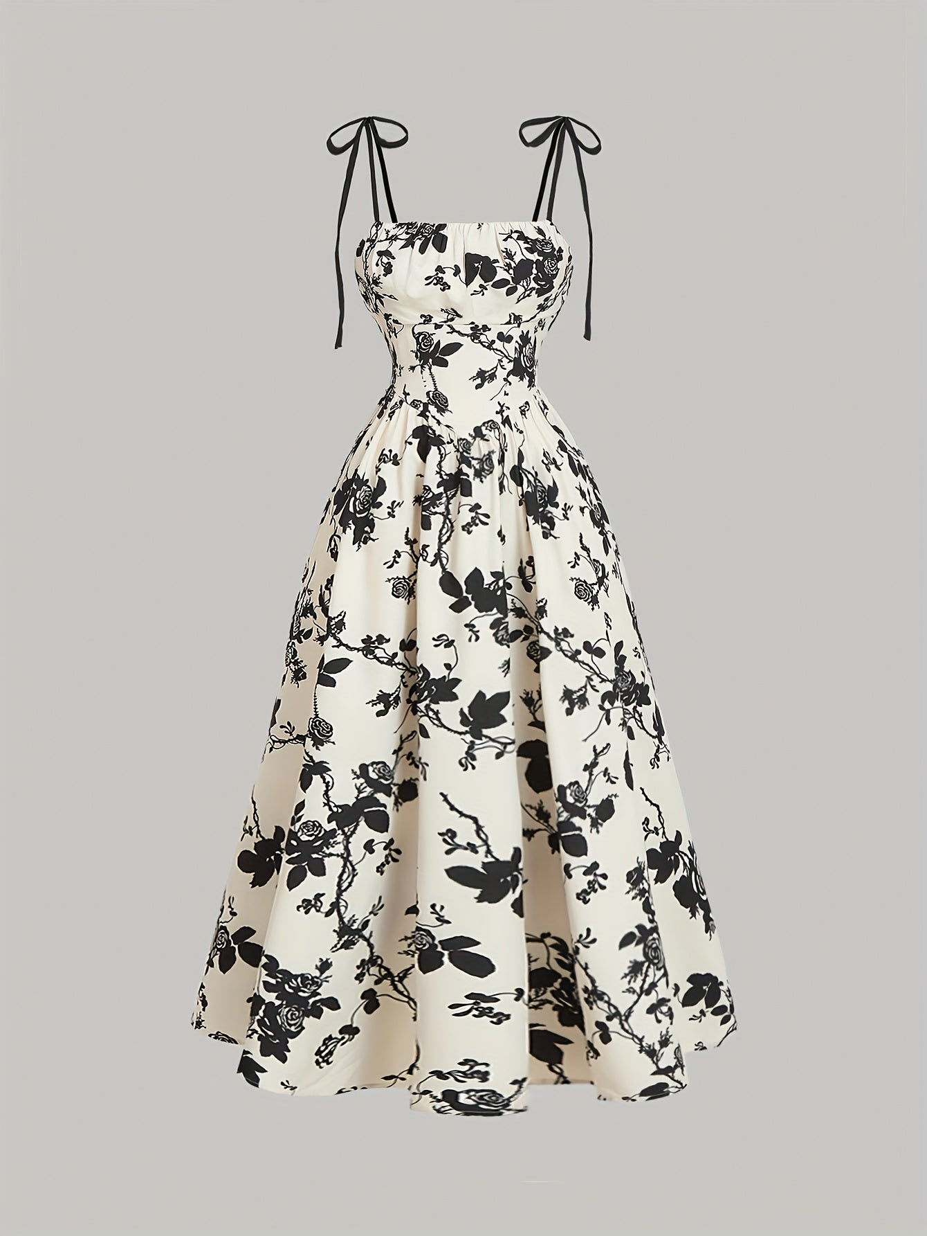 Elegant Floral Print Square Neck Dress for Women - Sleeveless A-Line Midi with Lace-Up Detail, Spring\u002FSummer\u002FFall Fashion, White with Blue Floral Patterns, Floral Dress