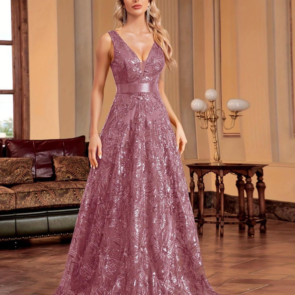 Elegant V-Neck Sequin Embroidered Sleeveless Maxi Dress for Women - Flowing Floor-Length Evening Gown with Lace Detailing, Perfect for Parties, Proms, and Formal Events