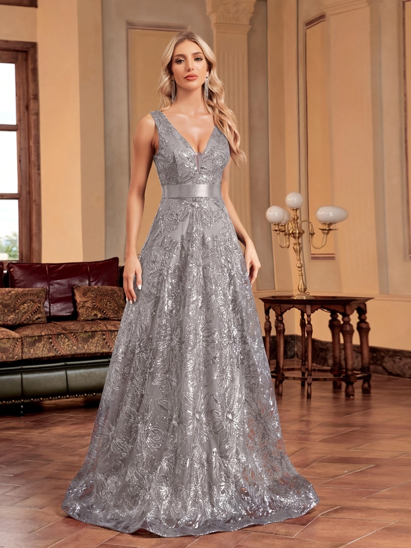 Elegant V-Neck Sequin Embroidered Sleeveless Maxi Dress for Women - Flowing Floor-Length Evening Gown with Lace Detailing, Perfect for Parties, Proms, and Formal Events