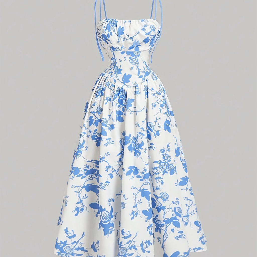 Elegant Floral Print Square Neck Dress for Women - Sleeveless A-Line Midi with Lace-Up Detail, Spring\u002FSummer\u002FFall Fashion, White with Blue Floral Patterns, Floral Dress