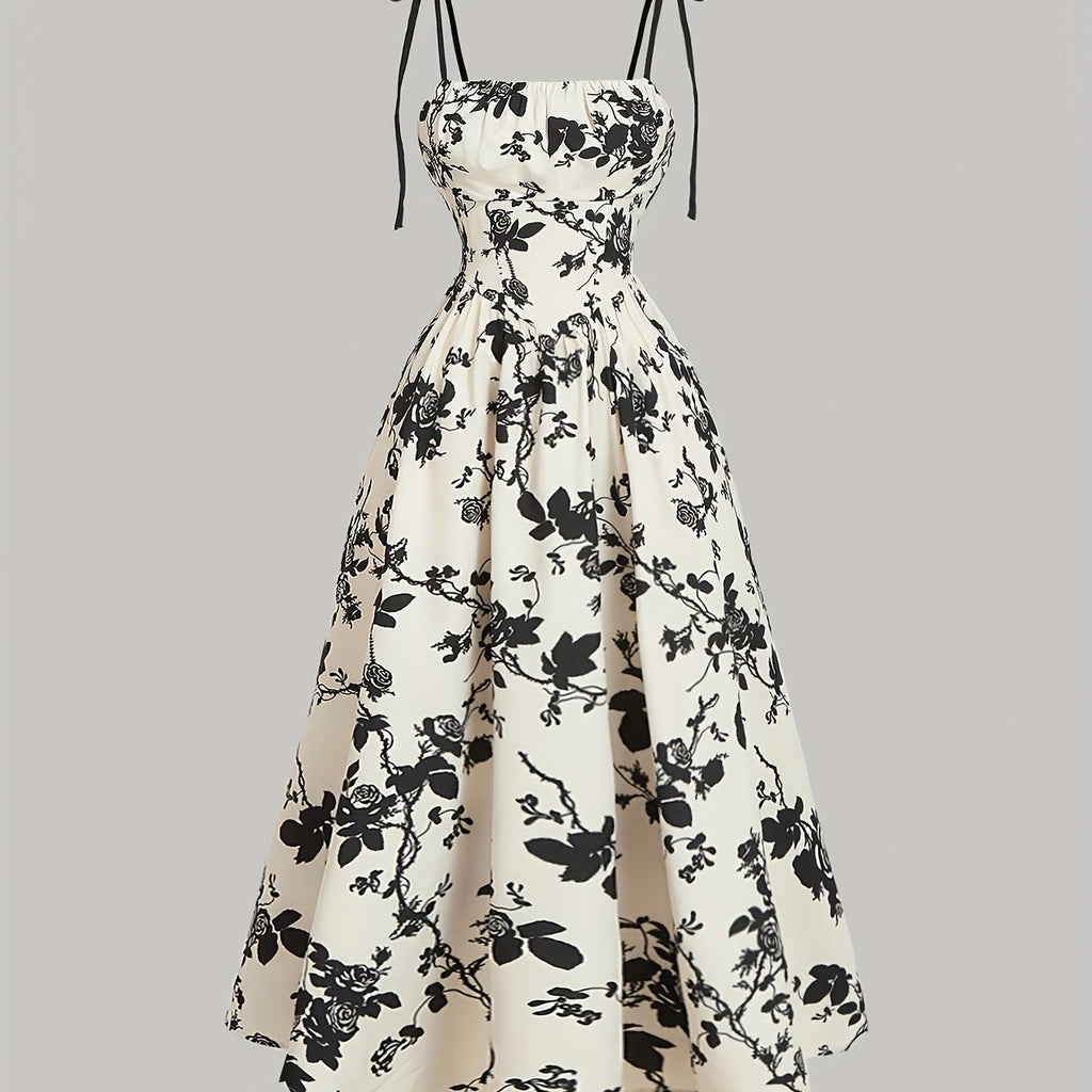 Elegant Floral Print Square Neck Dress for Women - Sleeveless A-Line Midi with Lace-Up Detail, Spring\u002FSummer\u002FFall Fashion, White with Blue Floral Patterns, Floral Dress