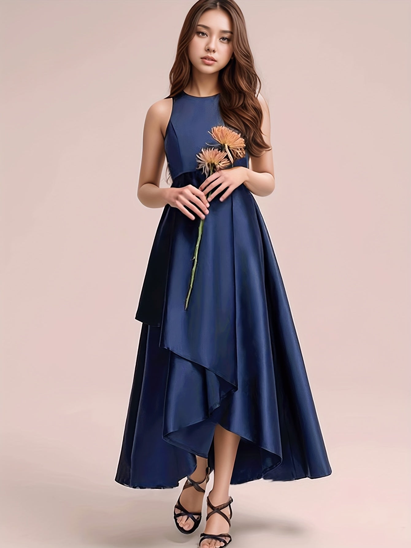 GULULU Girls' Elegant Summer Dress - Sleeveless Navy Blue A-Line Gown with Floral Detail, Lightweight Polyester Fabric, Perfect for Youngsters, Princess Style Long Dress, Summer Dresse
