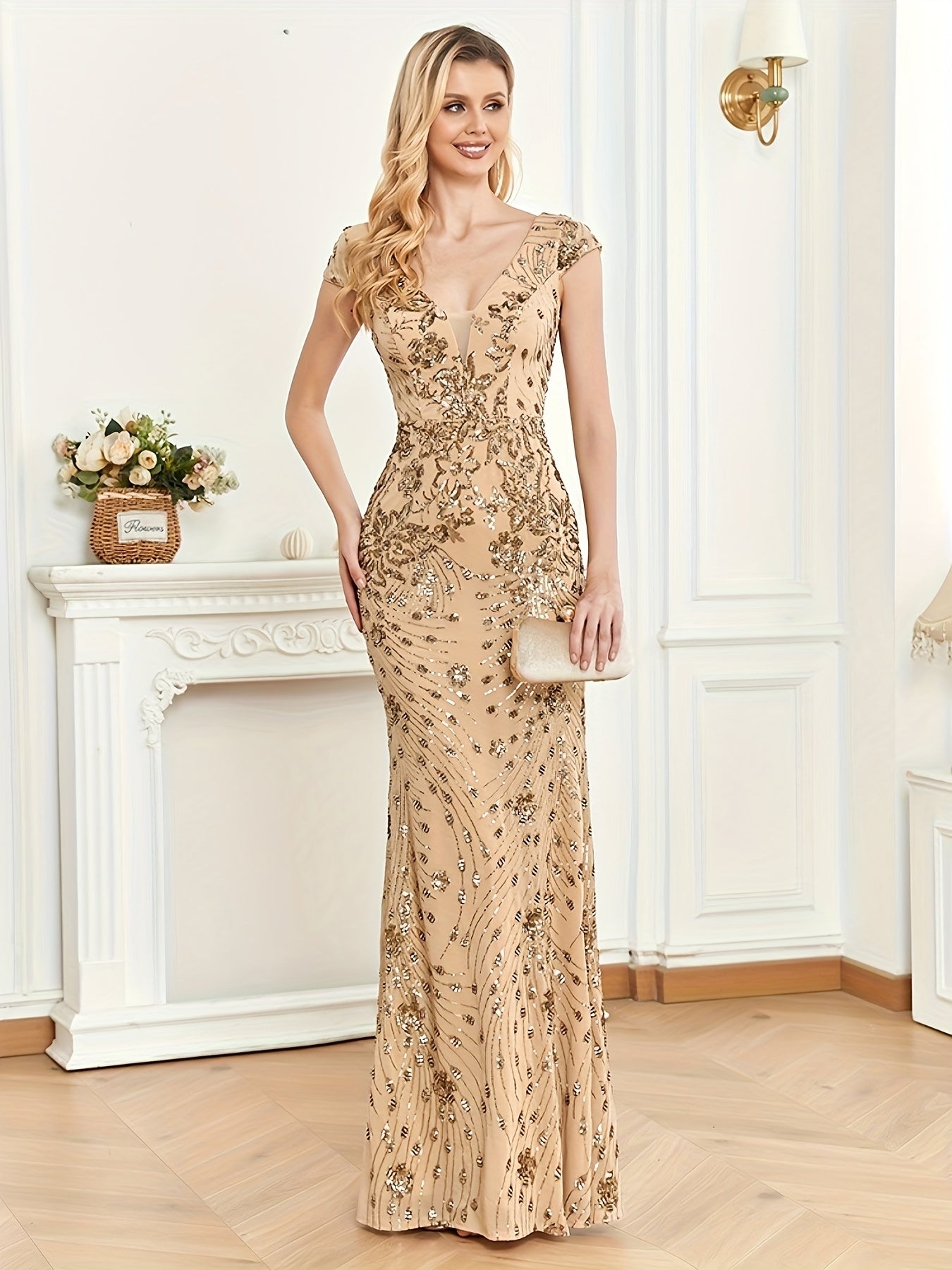 Elegant Beaded V-Neck Sleeveless Tank Fishtail Dress - Luxury Formal Bridesmaid & Evening Gown with Floral Print, Long Train Mermaid Silhouette for Weddings, Parties, Galas - Hand Wash Only, Bridesmaid Dress, Wedding Attire, Sophisticated Craftsmanship