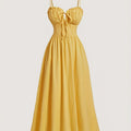 Mustard Yellow Spaghetti Suspender Dress for Teen Girls - Casual Solid Color with Adjustable Waist Tie, Lightweight Non-Stretch Fabric, Machine Washable, Regular Fit for Spring Summer Fall